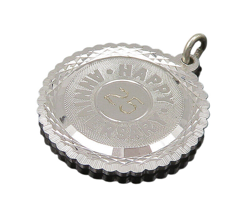 925 Sterling Silver  Vintage Shiny Happy Anniversary Round Pendant  PT18042