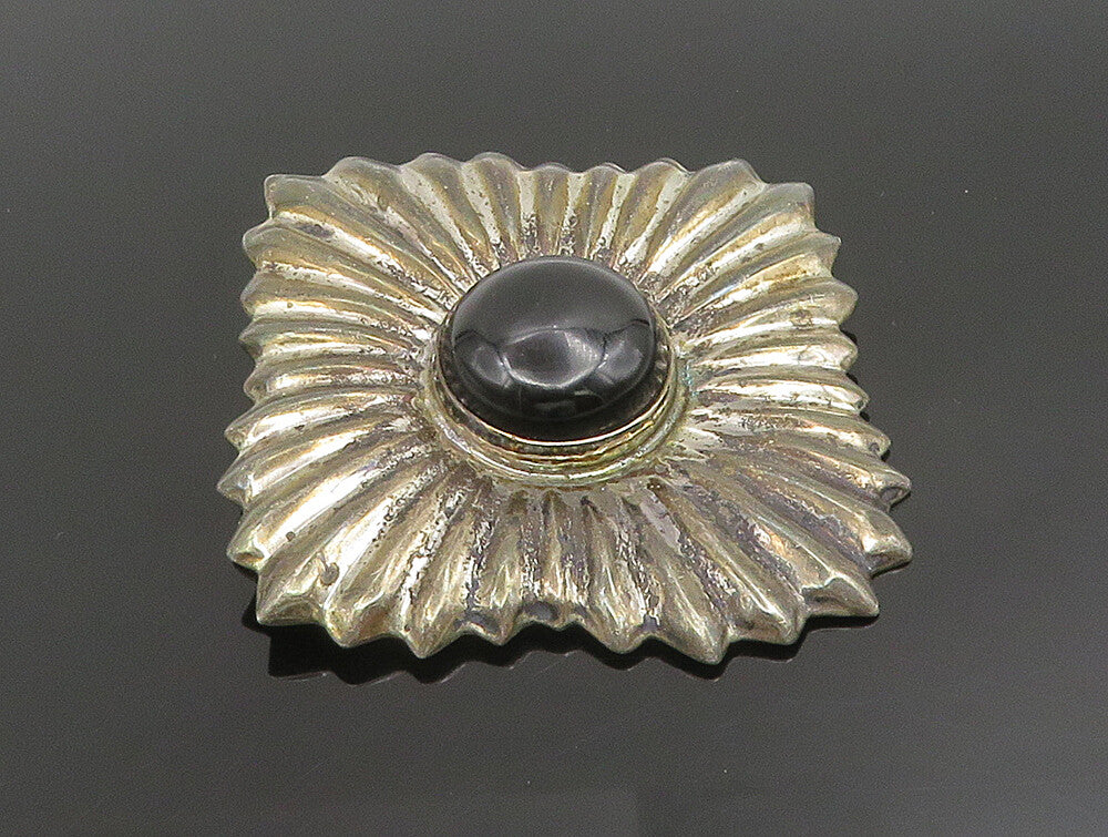 MEXICO 925 Silver  Vintage Black Onyx Ribbed Diamond Shaped Brooch Pin  BP9551