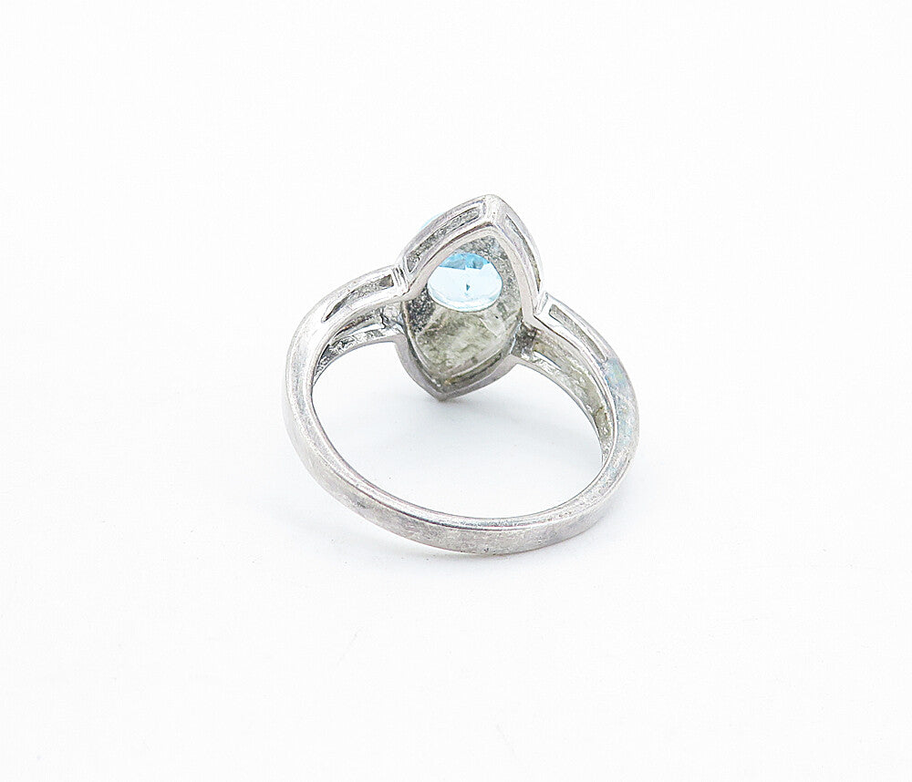 925 Sterling Silver  Blue Topaz Shiny Pointed Oval Cocktail Ring Sz 6  RG6770