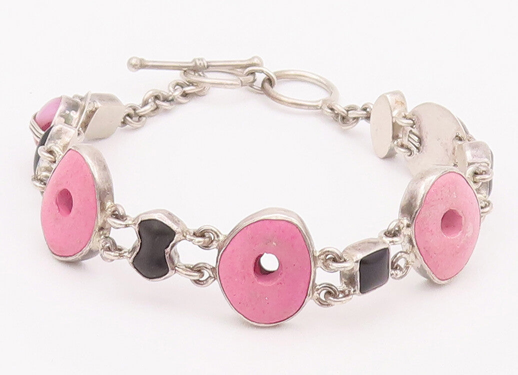 925 Sterling Silver Vintage Bracelet Linked Bubblegum Pink Donut Onyx  BT10378
