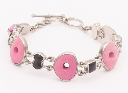 925 Sterling Silver Vintage Bracelet Linked Bubblegum Pink Donut Onyx  BT10378