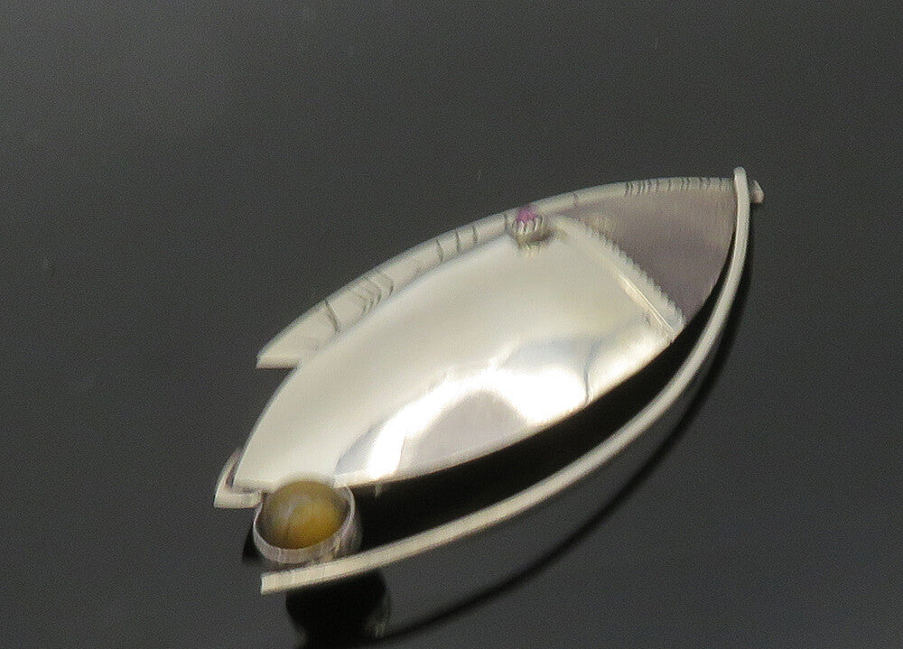 DESIGNER 925 Silver  Vintage Cabochon Tiger's Eye & Garnet Brooch Pin  BP7981