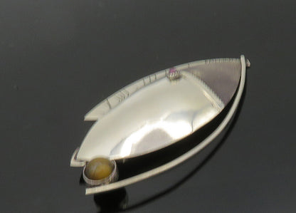 DESIGNER 925 Silver  Vintage Cabochon Tiger's Eye & Garnet Brooch Pin  BP7981