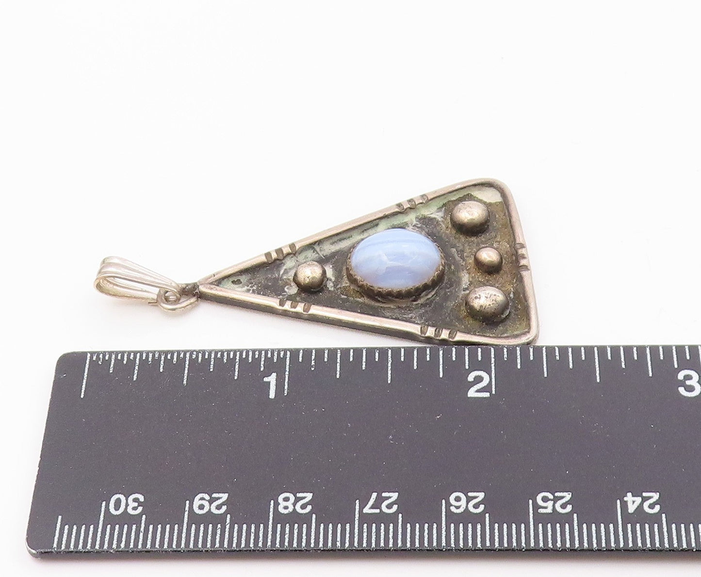 925 Sterling Silver Vintage Triangular Plate Beaded Chalcedony Pendant PT22211