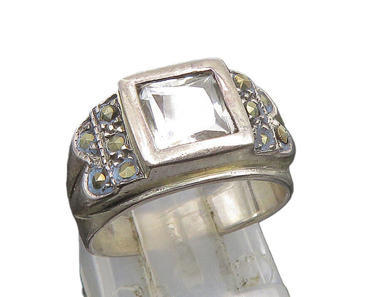 925 Silver  Vintage Square Cubic Zirconia & Marcasite Ring Sz 5  RG25144