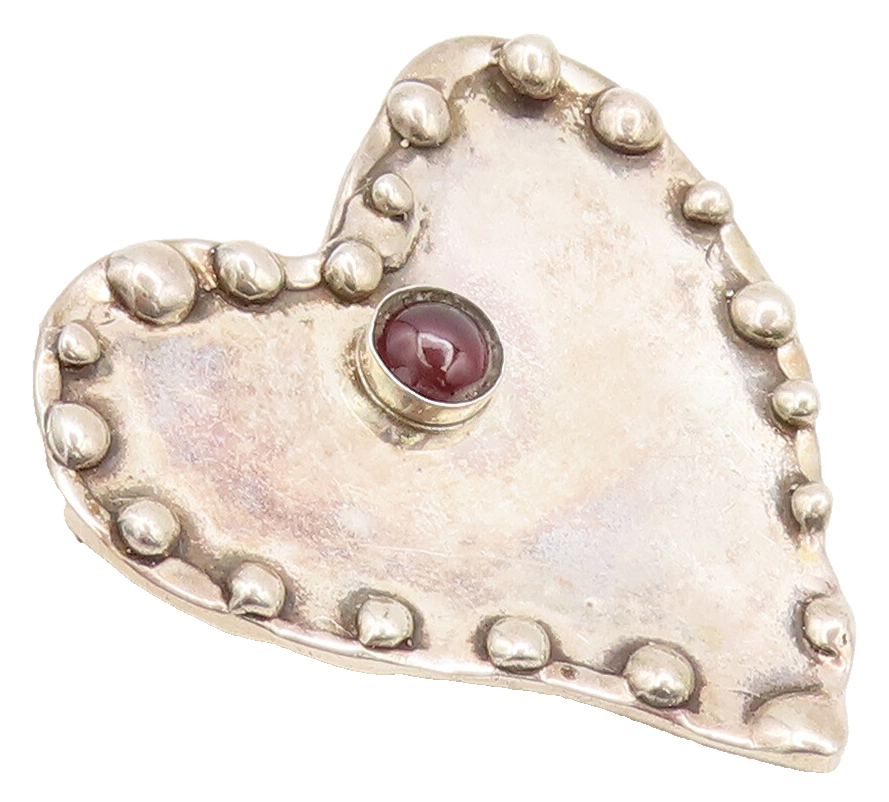 925 Sterling Silver Vintage Brooch Pin PASCAL Garnet Beaded Solid Heart  BP10564