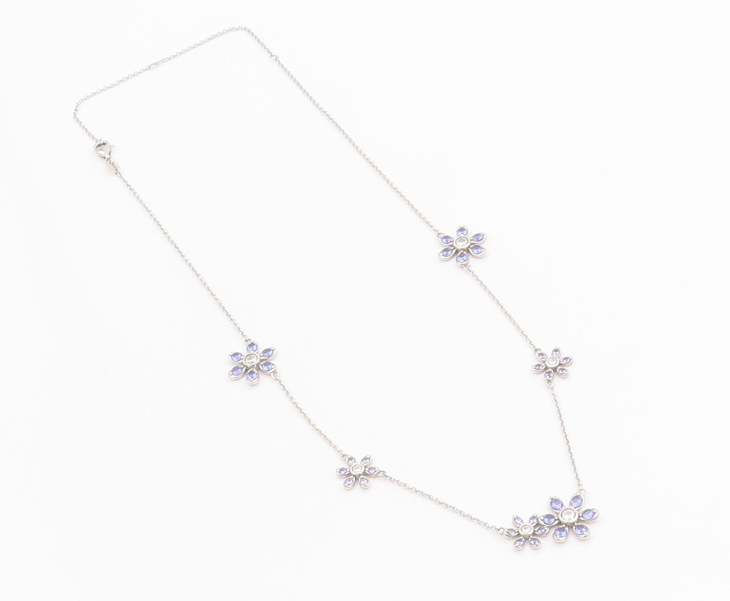925 Sterling Silver Vintage Necklace Tanzanite & CZ Daisy Floral Chain   NE4628