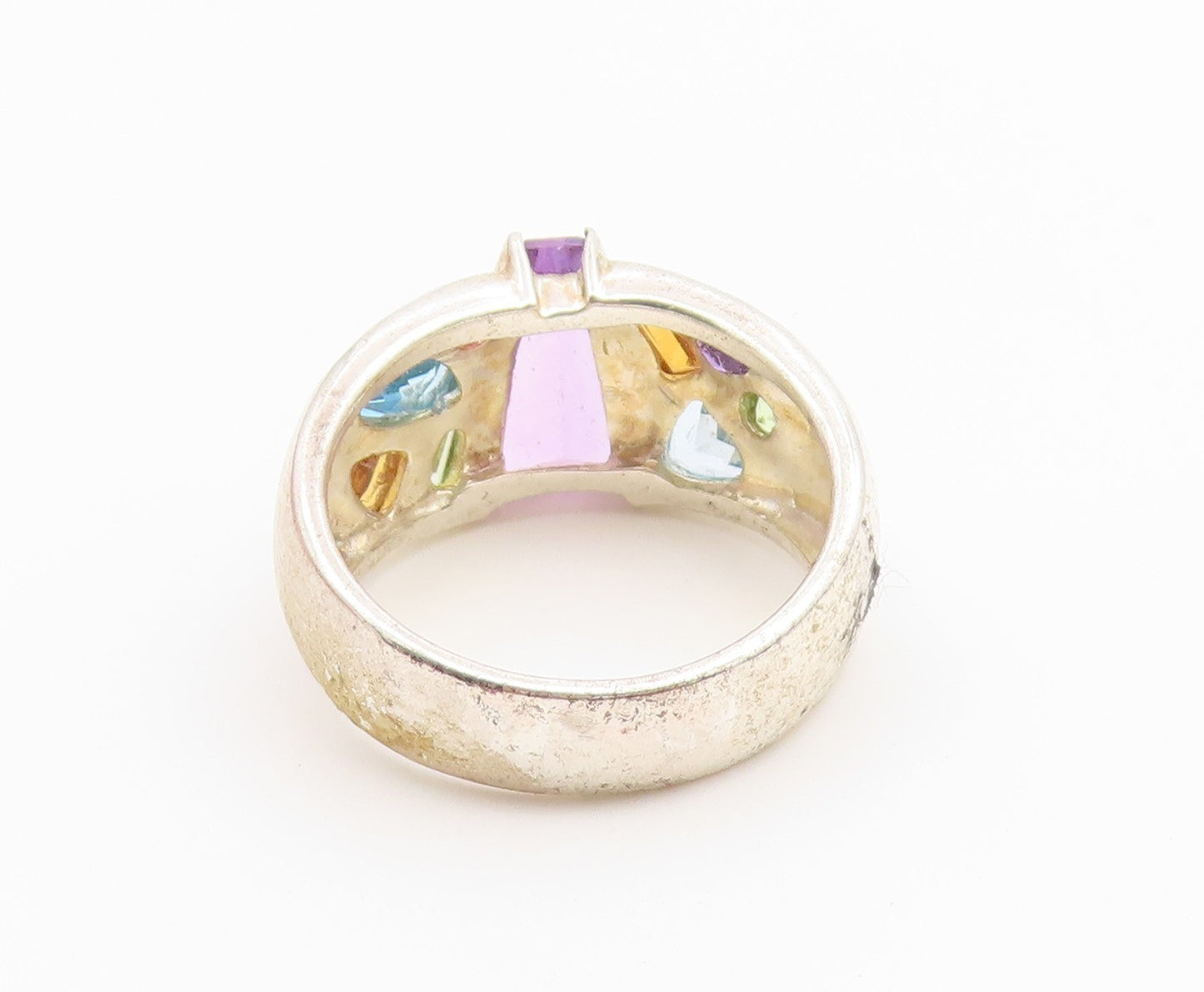 925 Sterling Silver Vintage Ring Modernist Multi Gemstone Band  Sz 9  RG36799