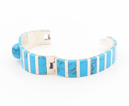 925 Sterling Silver Vintage Bracelet MEXICO Turquoise Inlay Bangle  BT11775