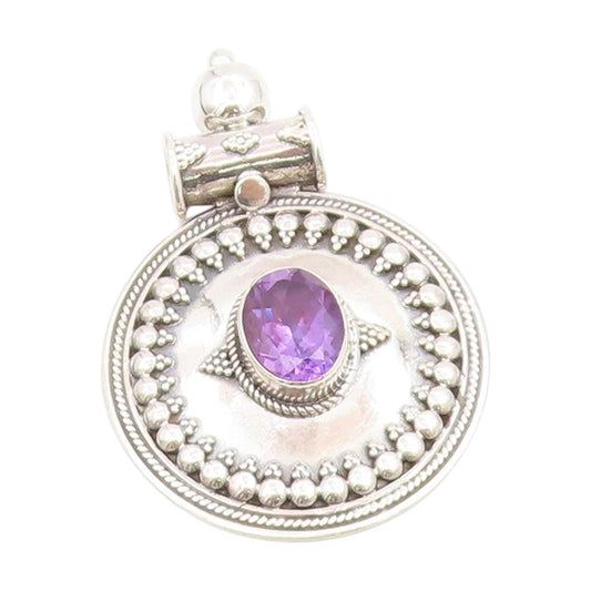 925 Sterling Silver Vintage Pendant Oval Cut Amethyst Bohemian Medal  PT25635