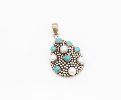 925 Sterling Silver Vintage Pendant Drop Shape Round Pearls & Turquoise  PT24065