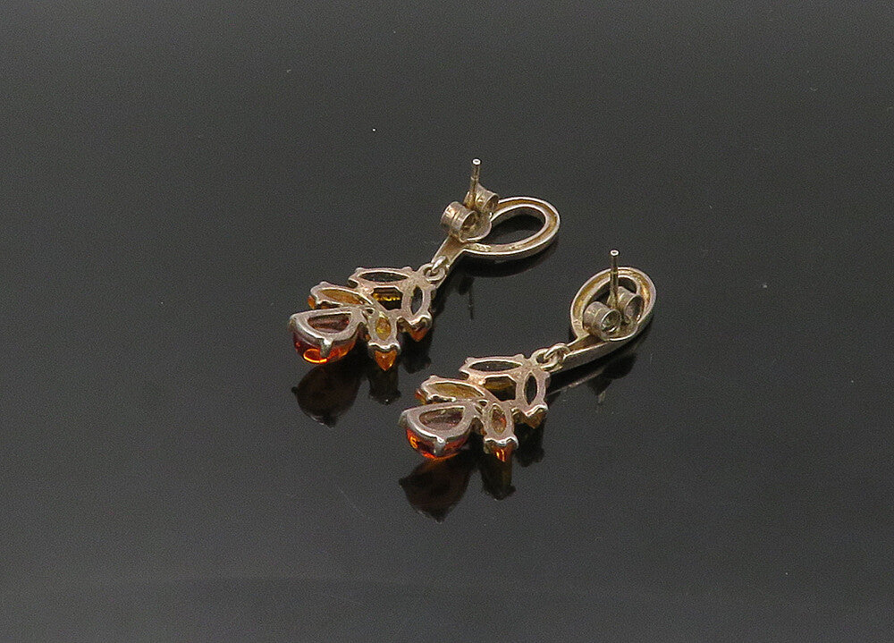 925 Sterling Silver  Vintage Amber Floral Motif Dangle Earrings  EG10718