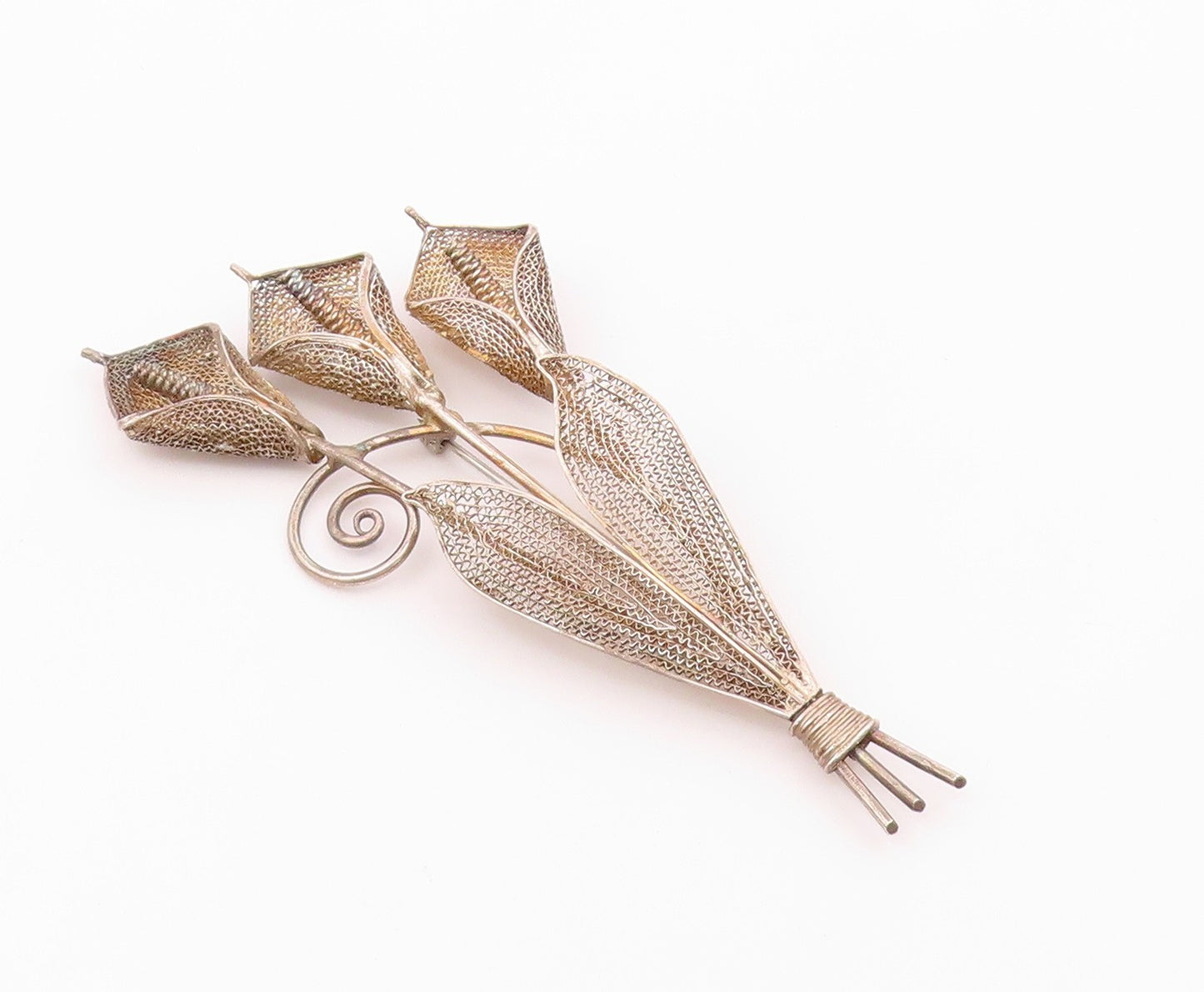 925 Sterling Silver  Vintage Antique Filigree Swirl Flowers Brooch Pin  BP6396