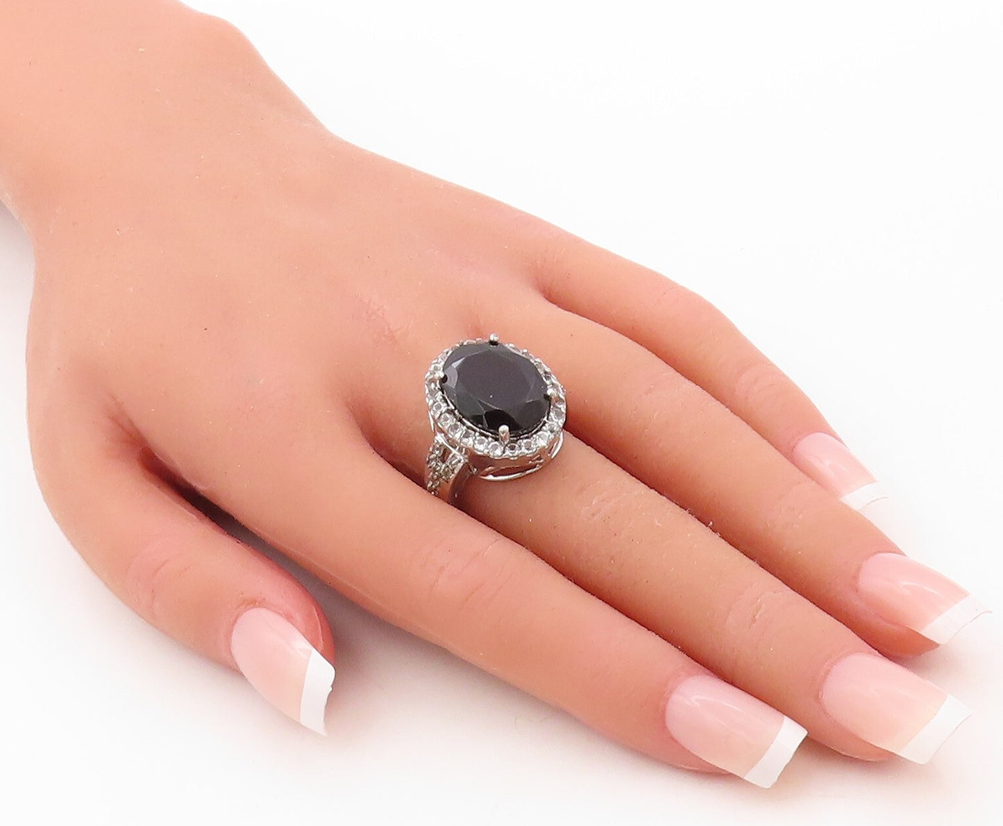 925 Sterling Silver Vintage Ring Oval Cut Spinel Halo CZ Inlay  Sz 7  RG30696
