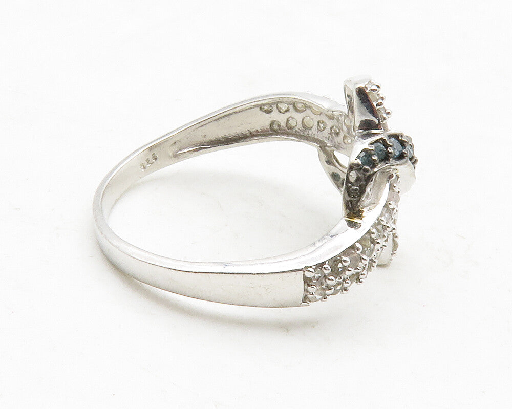 925 Sterling Silver  Genuine Blue & White Diamonds Band Ring Sz 8  RG13114