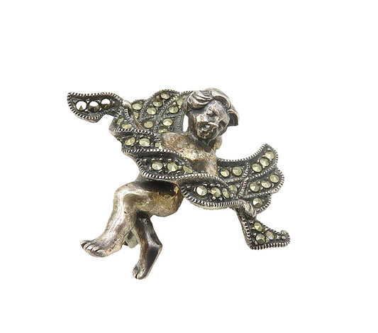 JUDITH JACK 925 Sterling Silver  Vintage Marcasite Angel Brooch Pin  BP6146