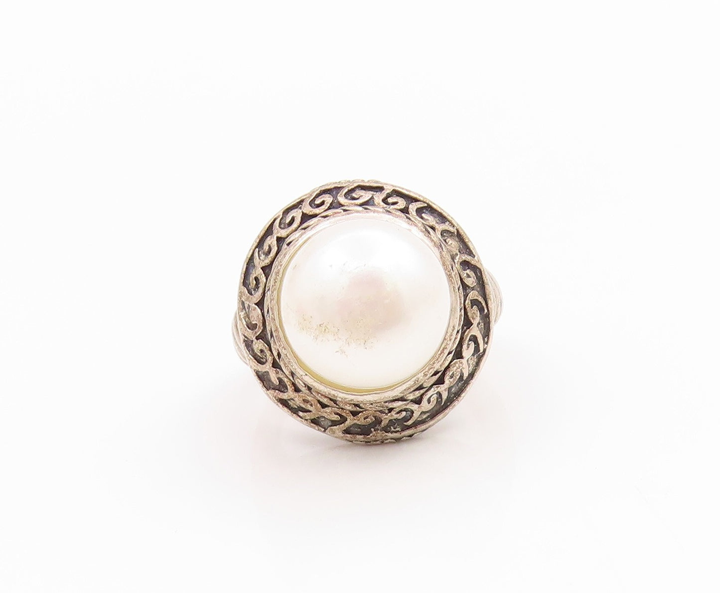 925 Sterling Silver Vintage Ring Classic Pearl Statement Band  Sz 6  RG35859
