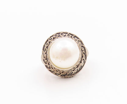 925 Sterling Silver Vintage Ring Classic Pearl Statement Band  Sz 6  RG35859