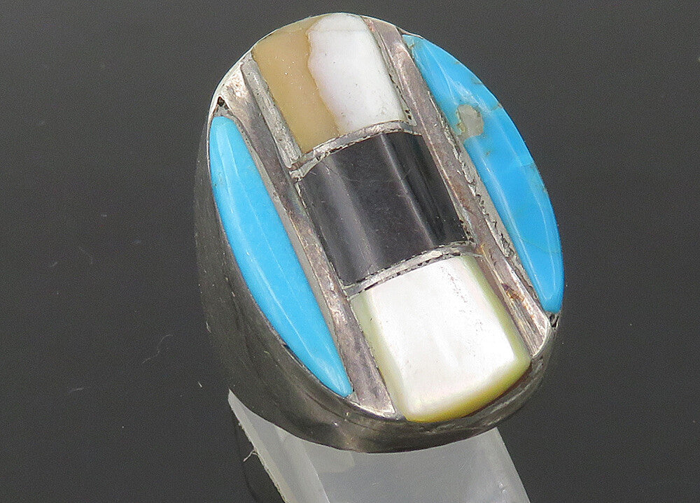 ZUNI NAVAJO 925 Silver  Vintage Heavy Multi Stone Band Ring Sz 11  RG22545