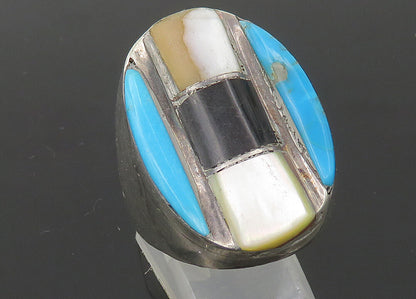 ZUNI NAVAJO 925 Silver  Vintage Heavy Multi Stone Band Ring Sz 11  RG22545