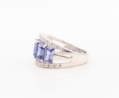 925 Sterling Silver Vintage Ring Split Band Rectangle Sapphire & CZ Sz 7 RG30350