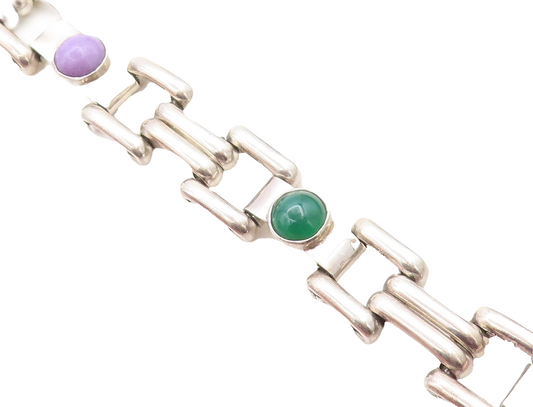 MEXICO 925 Silver Vintage Multi Color Carnelian Shiny Chain Bracelet BT2177