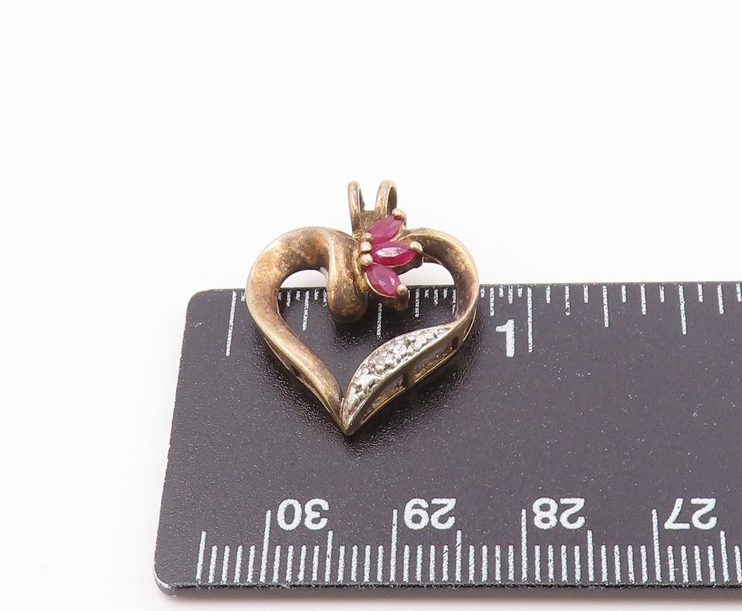 925 Sterling Silver  Vintage Marquise Ruby Two Tone Love Heart Pendant PT20843