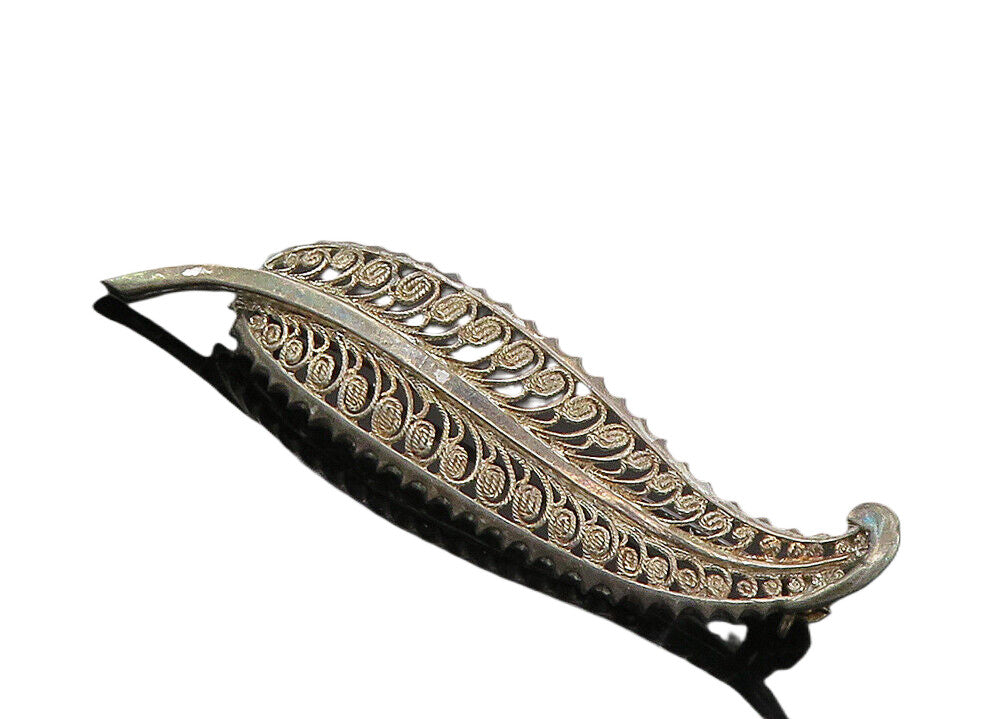 GERMANY 925 Sterling Silver  Vintage Filigree Feather Leaf Brooch Pin  BP4087