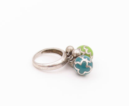 925 Sterling Silver Vintage Ring Floral Design Enameled Beads  Sz 6.5  RG32378