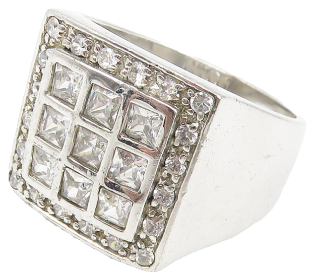 925 Sterling Silver  Vintage Cubic Zirconia Square Band Ring Sz 12  RG11030