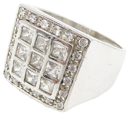 925 Sterling Silver  Vintage Cubic Zirconia Square Band Ring Sz 12  RG11030