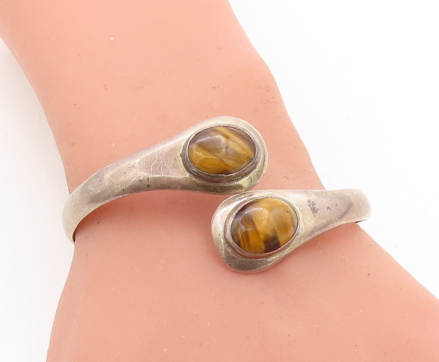 MEXICO 925 Silver Vintage Cabochon Tiger's Eye Bypass Cuff Bracelet BT1694