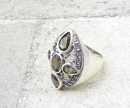 925 Sterling Silver Smoky Quartz & Marcasite Cross Cocktail Ring Sz 8.5 RG1960
