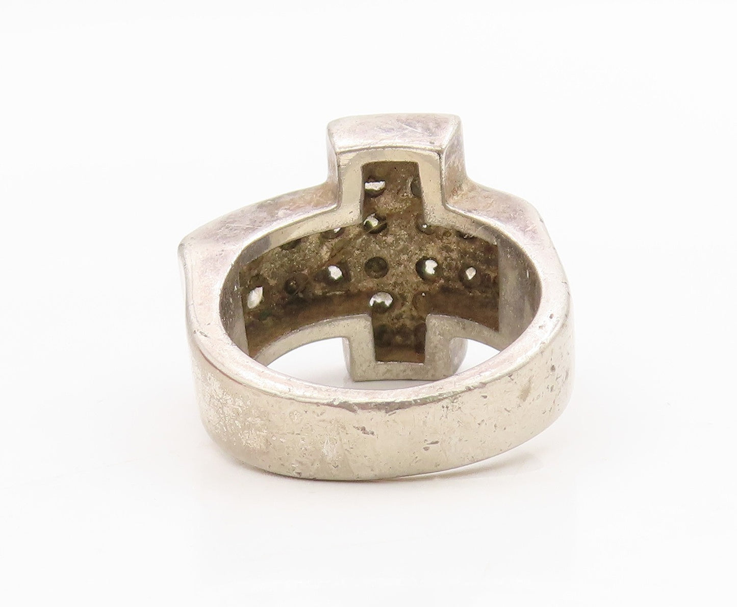 925 Sterling Silver Vintage Ring Round CZ Religious Cross Band  Sz 9.5  RG34336