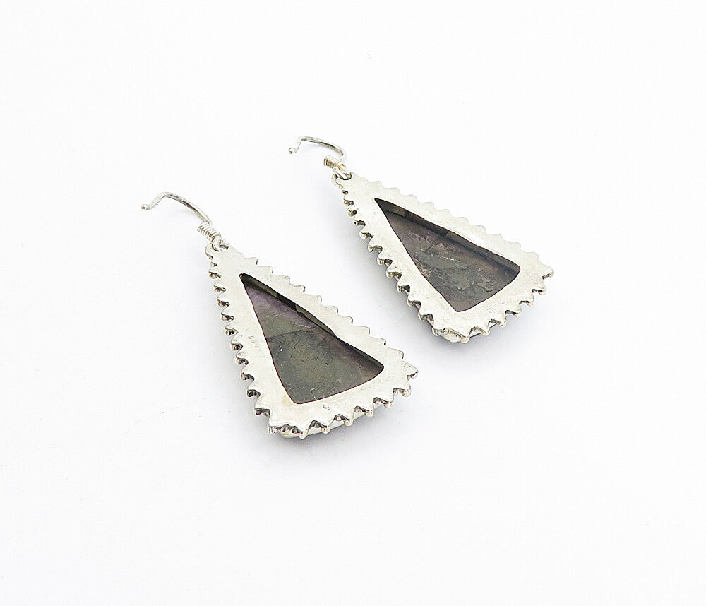 925 Sterling Silver Vintage Spotted Agate Triangle Dangle Earrings EG3544