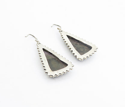925 Sterling Silver Vintage Spotted Agate Triangle Dangle Earrings EG3544