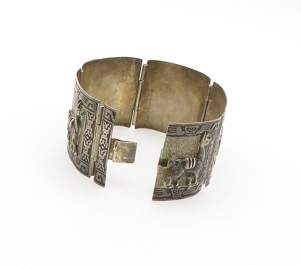 PERU 925 Sterling Silver  Vintage Alpaca & Man Panel Chain Bracelet  BT6427