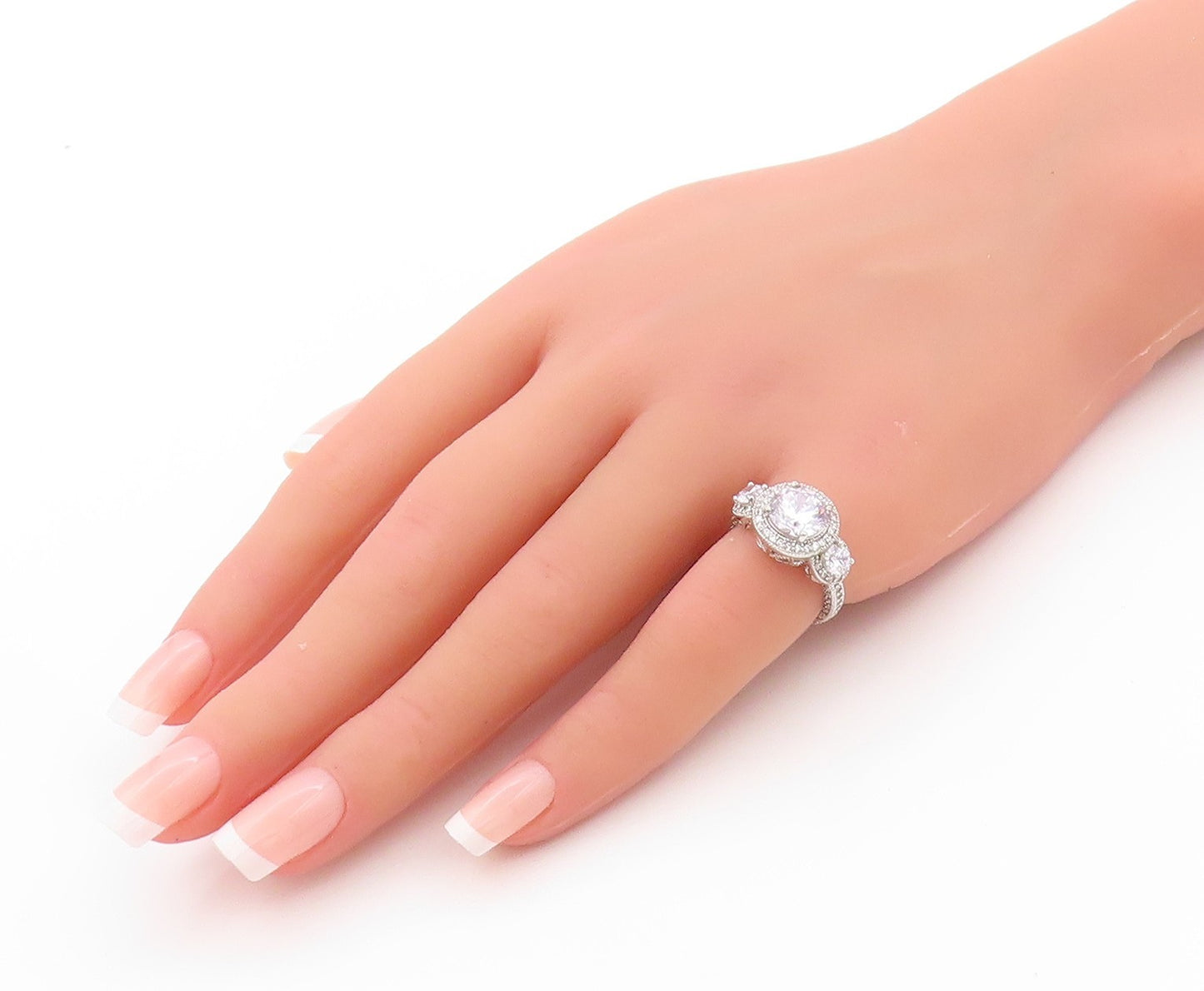 925 Sterling Silver Vintage Ring Three Round Stone Halo CZ Inlay  Sz 4.5 RG32723