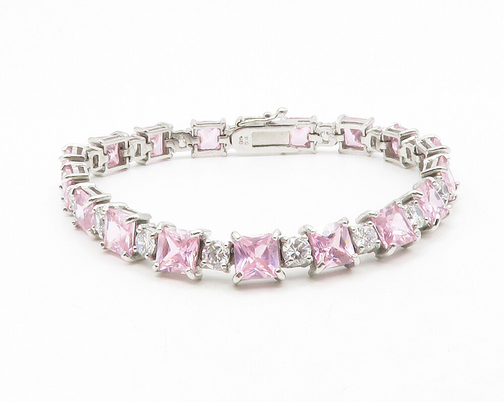 925 Sterling Silver  Pink & White Topaz Shiny Hinge Link Chain Bracelet BT4982