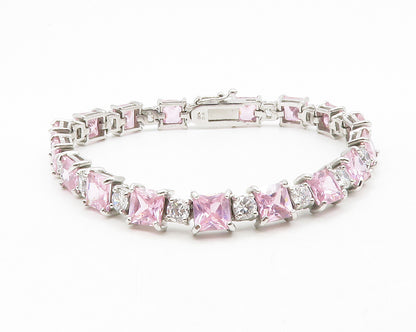 925 Sterling Silver  Pink & White Topaz Shiny Hinge Link Chain Bracelet BT4982