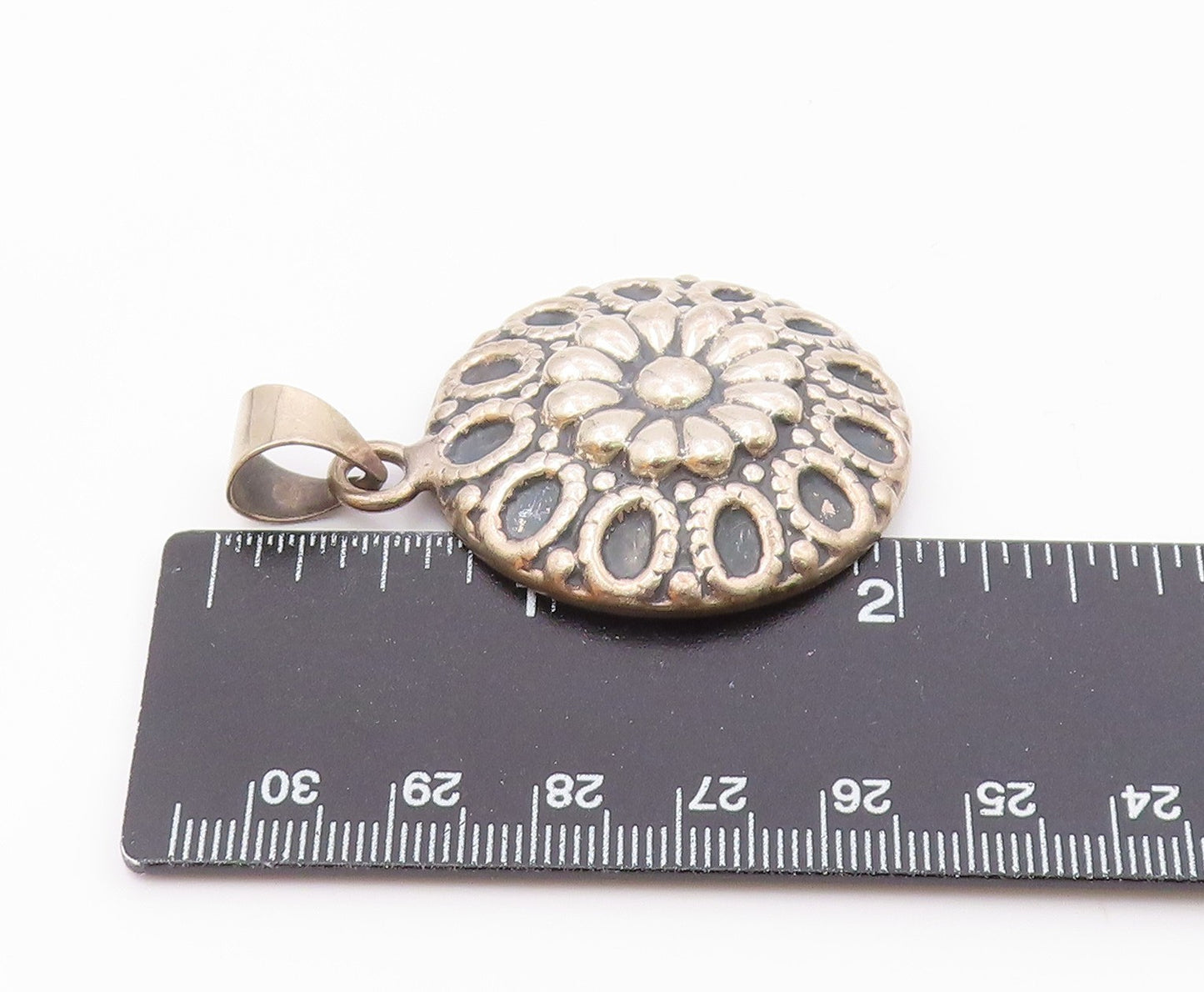 MWS MEXICO 925 Silver  Vintage Shiny Round Floral Motif Pendant  PT16072
