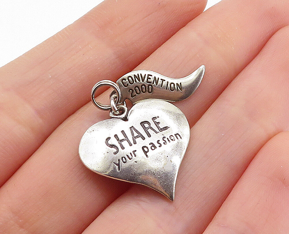 925 Sterling Silver  Vintage Share Your Passion Stamped Heart Pendant  PT4027