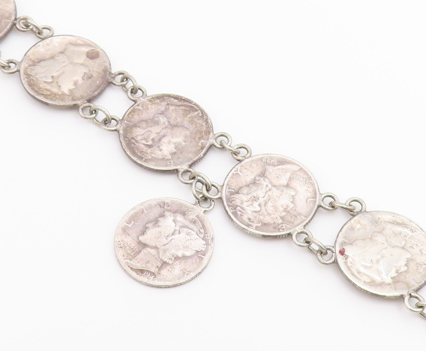 925 Sterling Silver Vintage Bracelet Classic US Mercury Dime Coin Link  BT12219