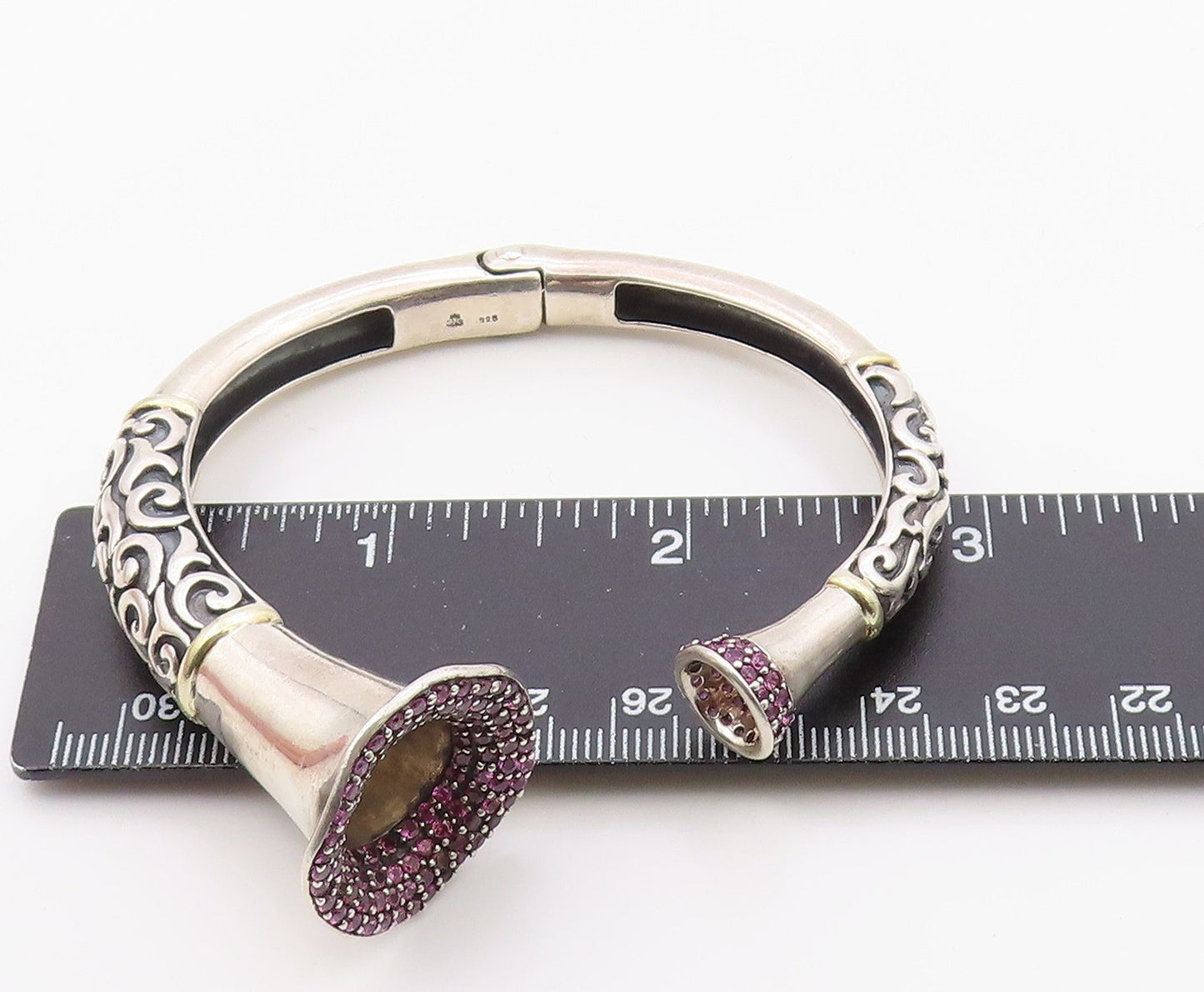 925 Sterling Silver Vintage Bracelet Real Ruby Scrollwork Open Cuff  BT12101