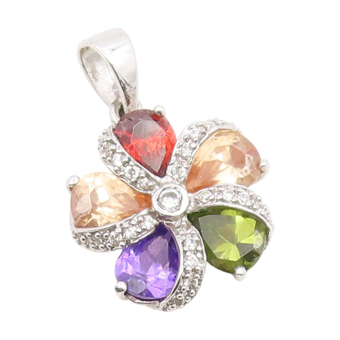 925 Sterling Silver Vintage Pendant Multi Gemstone Elegant Floral Charm  PT25969