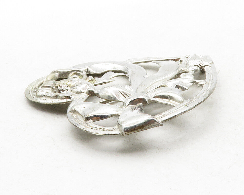 925 Sterling Silver  Vintage Floral Ribbon Bow Love Heart Brooch Pin  BP4826