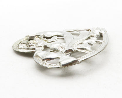 925 Sterling Silver  Vintage Floral Ribbon Bow Love Heart Brooch Pin  BP4826