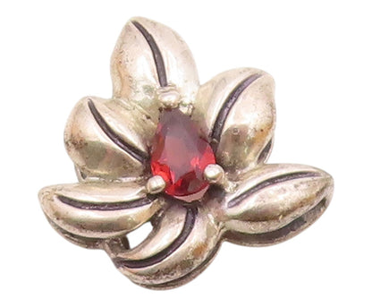 925 Sterling Silver  Vintage Garnet Floral Leaf Motif Pendant  PT16206