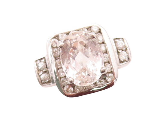 925 Sterling Silver Vintage Ring Oval Cut Halo Topaz Square Inlay  Sz 7  RG31620