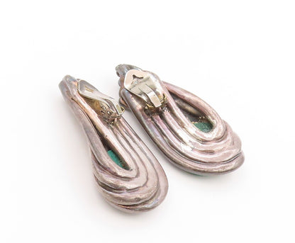 925 Sterling Silver Vintage Earrings Malachite Bold Swirly Large Clip On EG14025